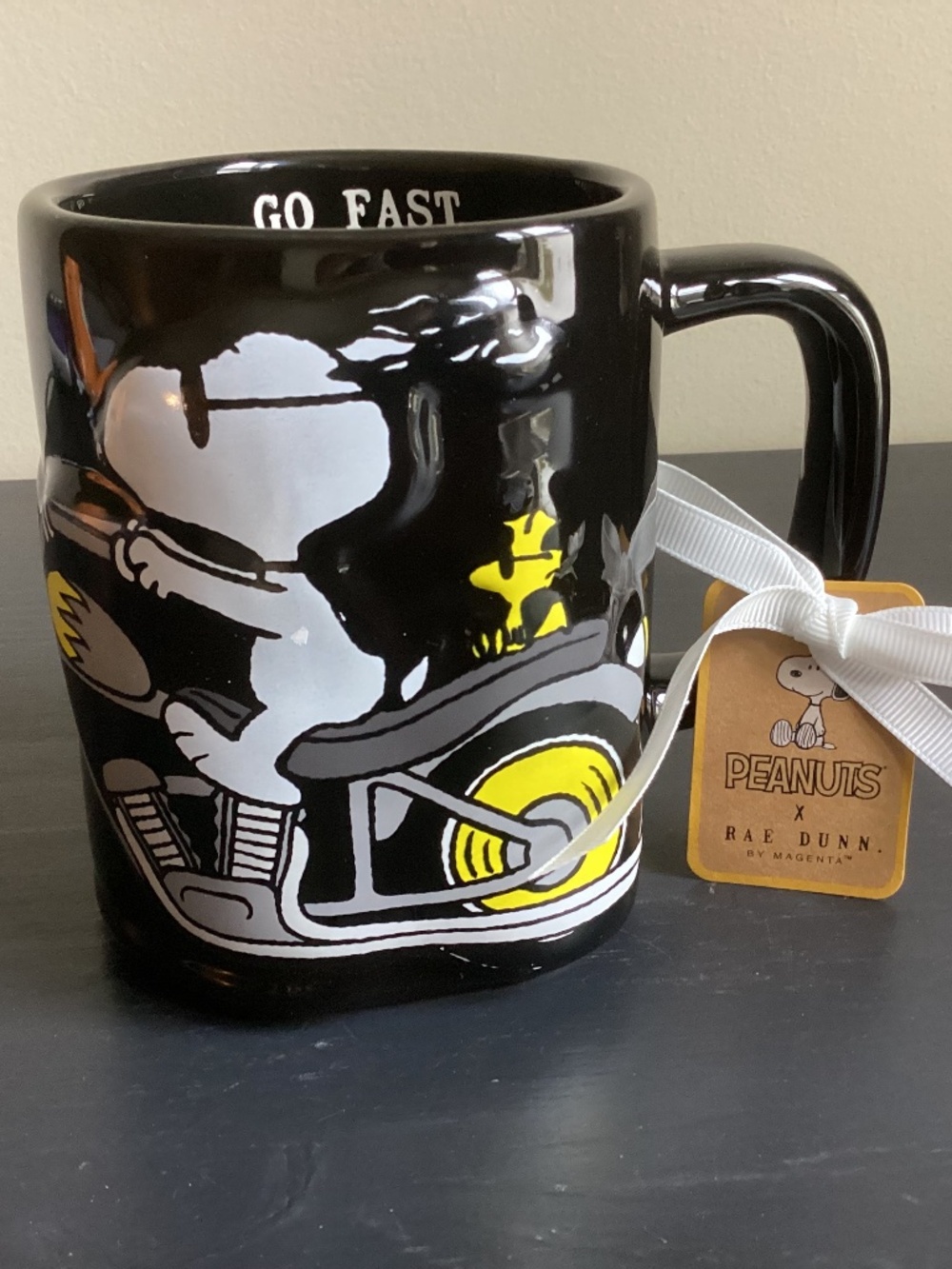 NWT Peanuts Rae Dunn “Go Fast” Snoopy & Woodstock Coffee Mugs Beige 20oz